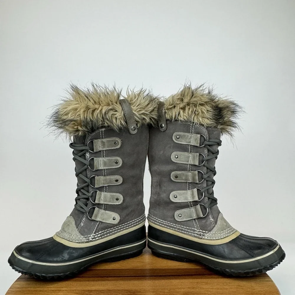 Womens Sorel Joan of Arctic Faux Fur Gray Leather Waterproof Snow Boots Size 7 M